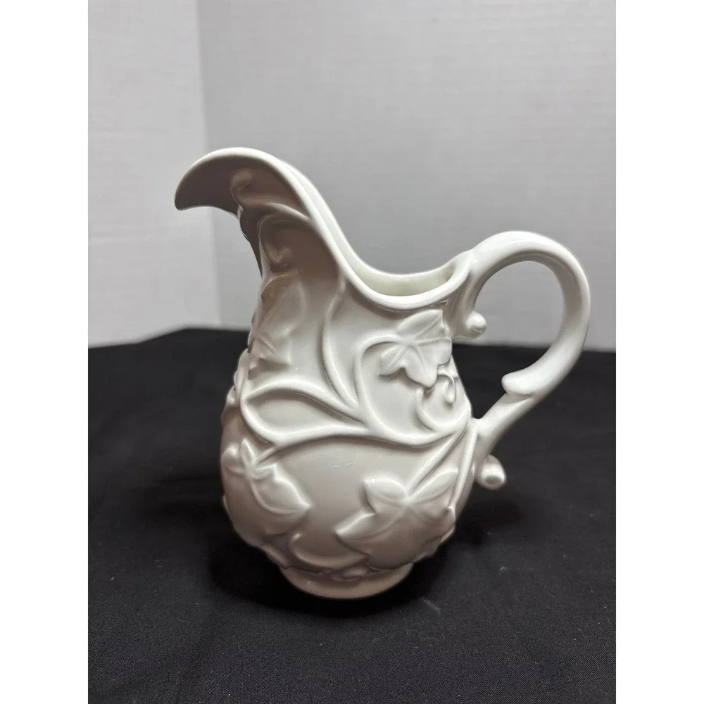 Villa Verde White Ceramic Pitcher Embossed‎ Leaf Detail Creamer Serving